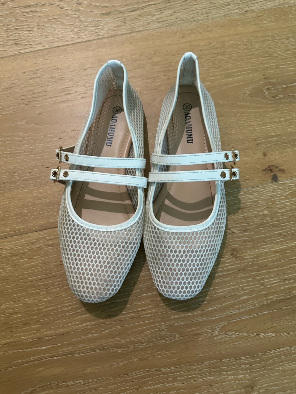 Women’s White Mesh Mary Jane Flats with Double Straps